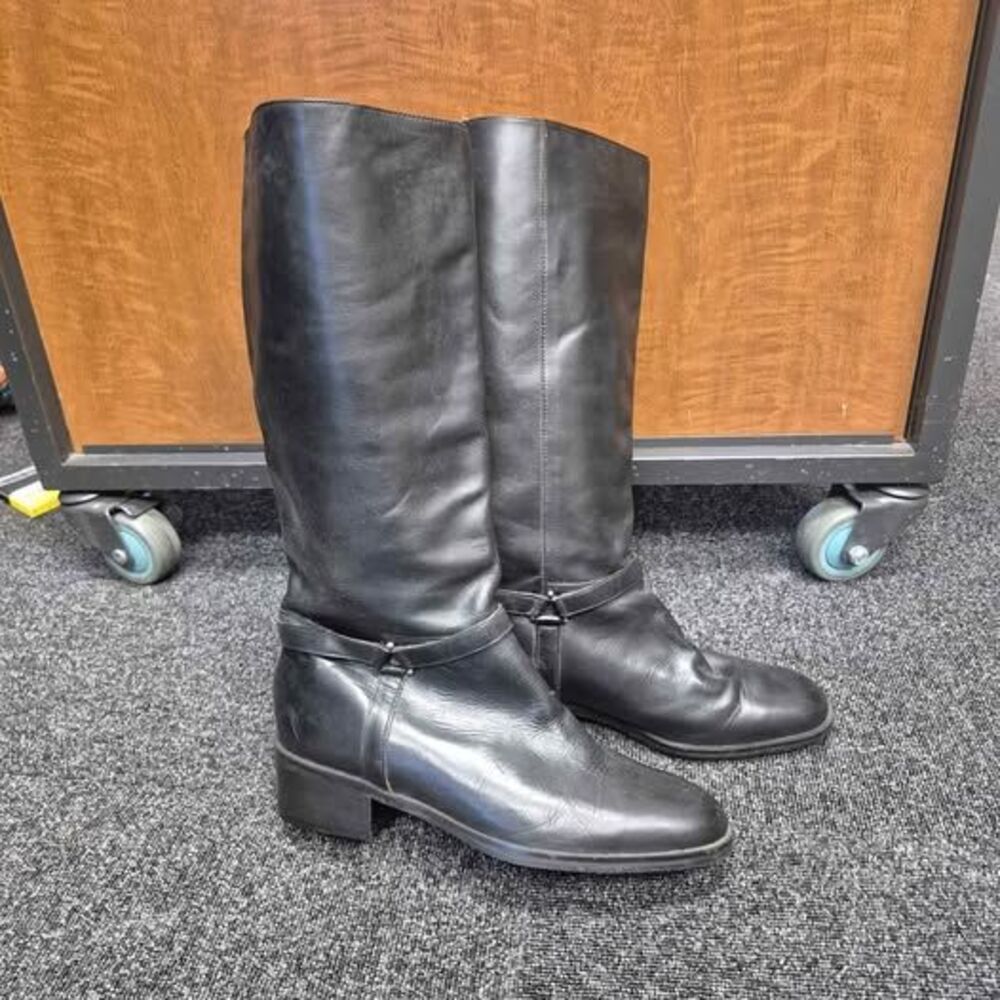 Vintage Black Leather Tall Riding Boots Harness Detail Women's Size 11M